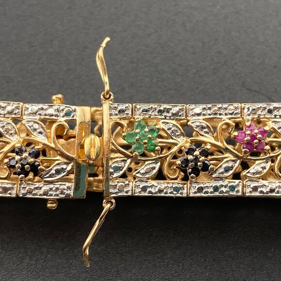 Wheeler Manuf. Sterling Silver Gold Vermeil Ruby Emerald Sapphire 7" Bracelet - Picture 10 of 16